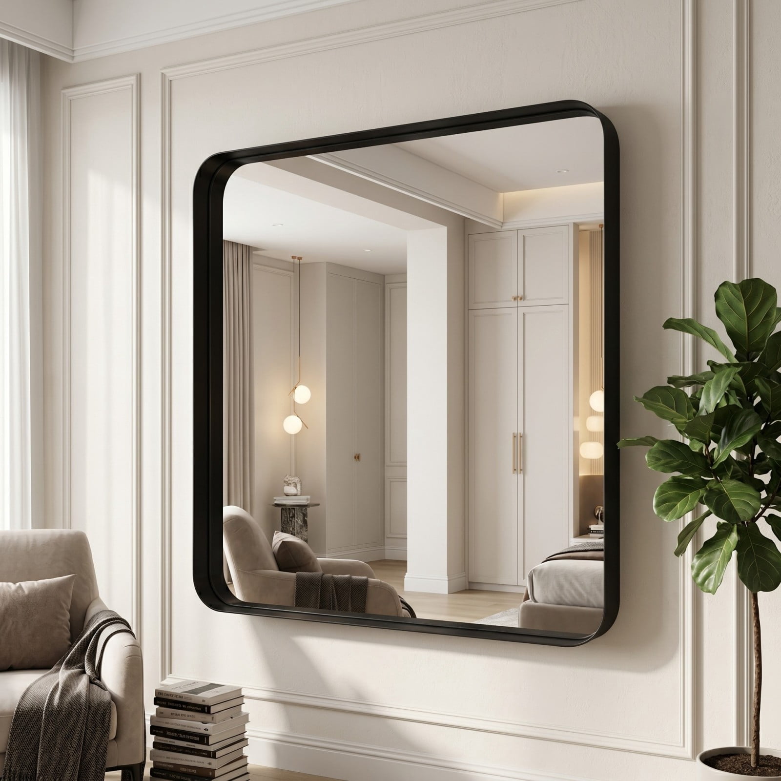 Easy4Home 36"x36" Extra Large Deep Frame Rounded Rectangle Bathroom Mirror Decor Vanity Mirror Wall Mounted,Black