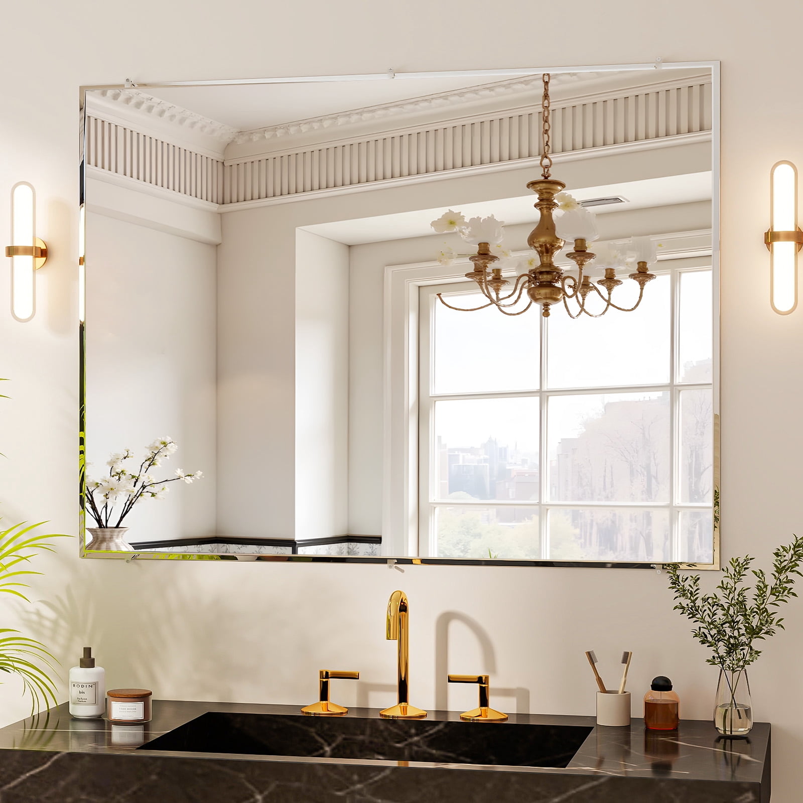 Easy4Home 36"x48" Frameless Rectangular Bathroom Mirror Beveled Edge Vanity Wall Mirror