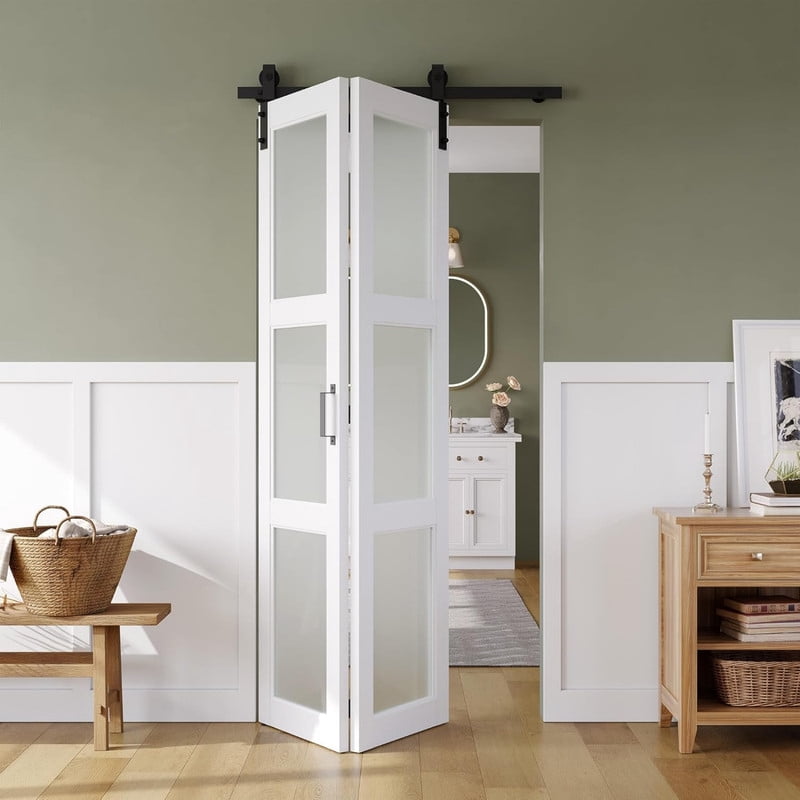 Easy4Home 36"x84" Bifold Barn Door Frosted Glass Design with Hardware and Track Kit