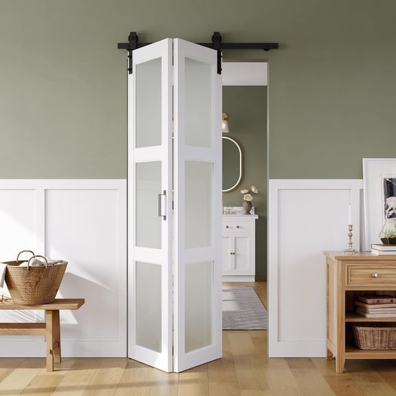 Easy4Home 36"x84" Bifold Barn Door Frosted Glass Design with Hardware and Track Kit