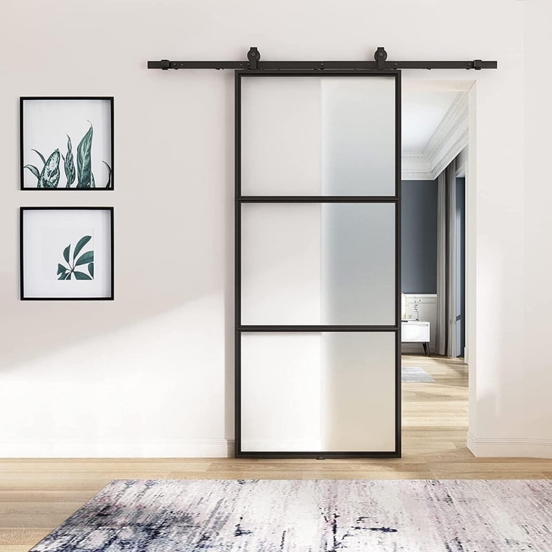 Easy4Home 36"x84" Frosted Glass Sliding Barn Door with Track and Hardware Kit