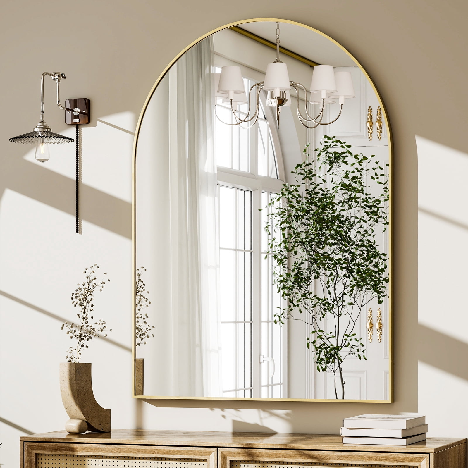 Easy4Home 38"x26"Arched Bathroom Mirror Decor Vanity Mirror Wall Mounted,Gold