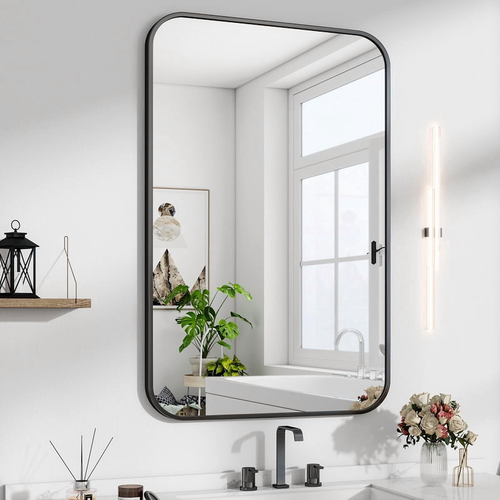 Easy4Home 38"x26" Rectangular Bathroom Mirror Hanging Rounded Corners Vanity Mirror Wall Mounted, Black