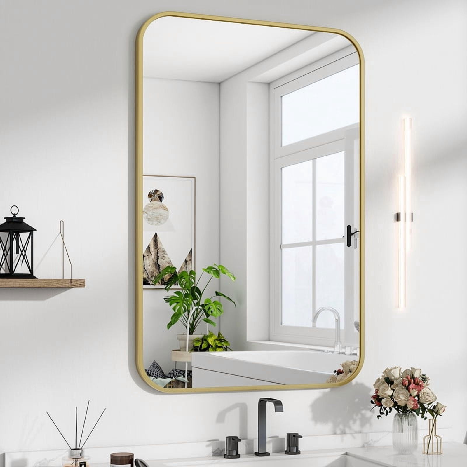 Easy4Home 38"x26" Rectangular Bathroom Mirror Hanging Rounded Corners Vanity Mirror Wall Mounted, Gold