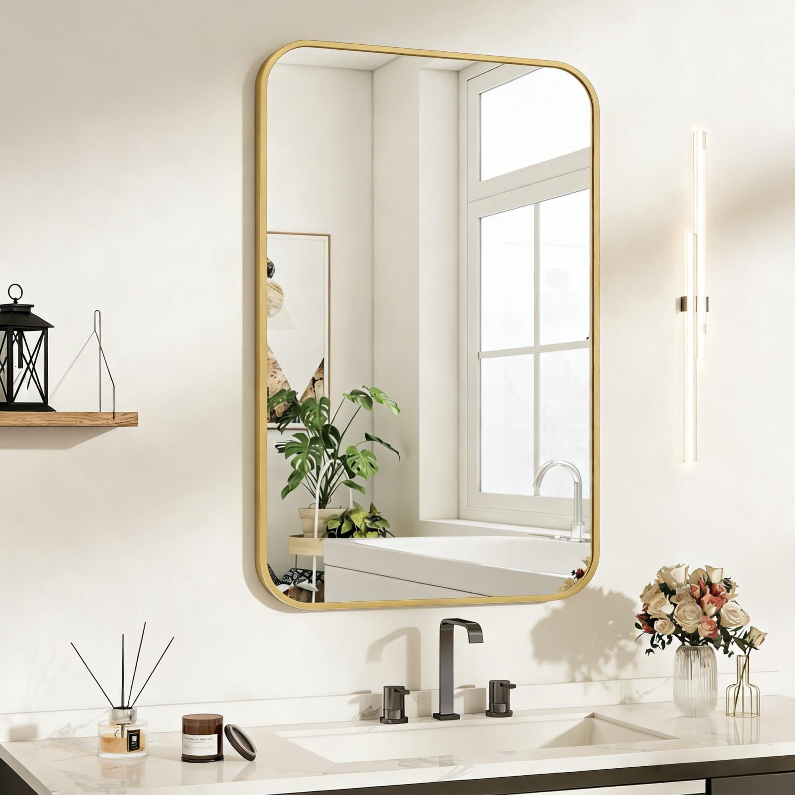 Easy4Home 38"x26" Rectangular Bathroom Mirror Hanging Rounded Corners Vanity Mirror Wall Mounted, Gold