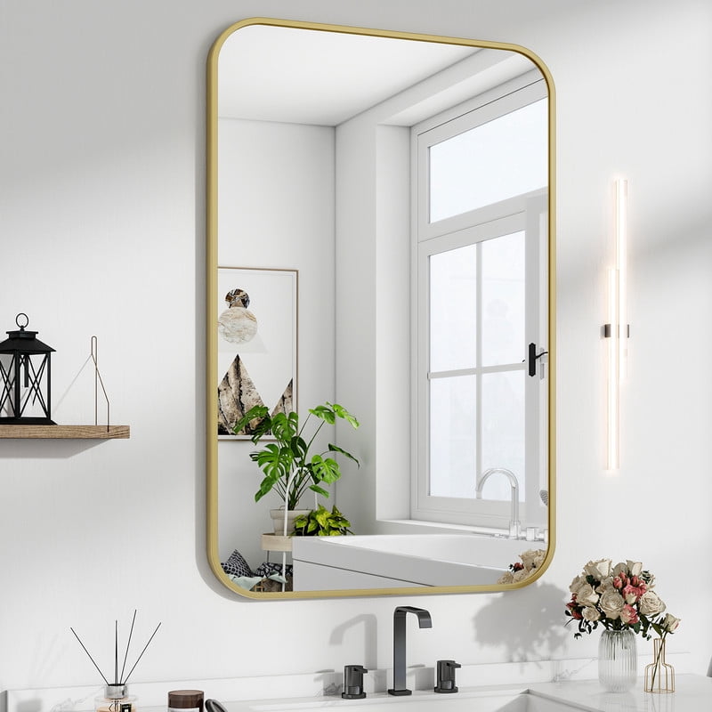 Easy4Home 38"x26" Rectangular Bathroom Mirror Hanging Rounded Corners Vanity Mirror Wall Mounted, Gold