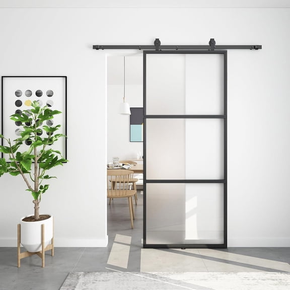 Easy4Home 38"x84" Frosted Glass Sliding Barn Door with Track and Hardware Kit