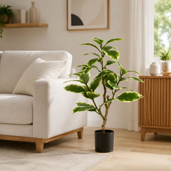 Easy4Home 3FT Artificial Variegated Rubber Plant Faux Ficus Elastica Tineke Tree Potted Indoor Floor Plant - Ready to Display
