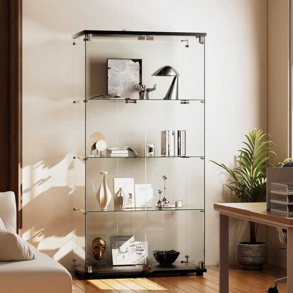 Easy4Home 4-Shelf Glass Display Cabinet with Lock, 64"H Freestanding Curio Display Showcase for Collectibles with Double Glass Door, Black