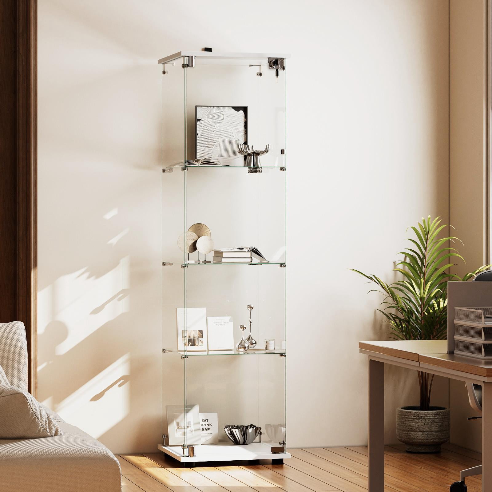 Easy4Home 4-Shelf Glass Display Cabinet with Lock, 64"H Freestanding Curio Display Showcase for Collectibles with Single Glass Door, White