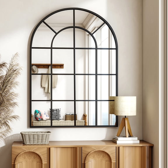 Easy4Home 40" x 30" Windowpane Arched Mirror Decorative Grid Wall Mirror, Black