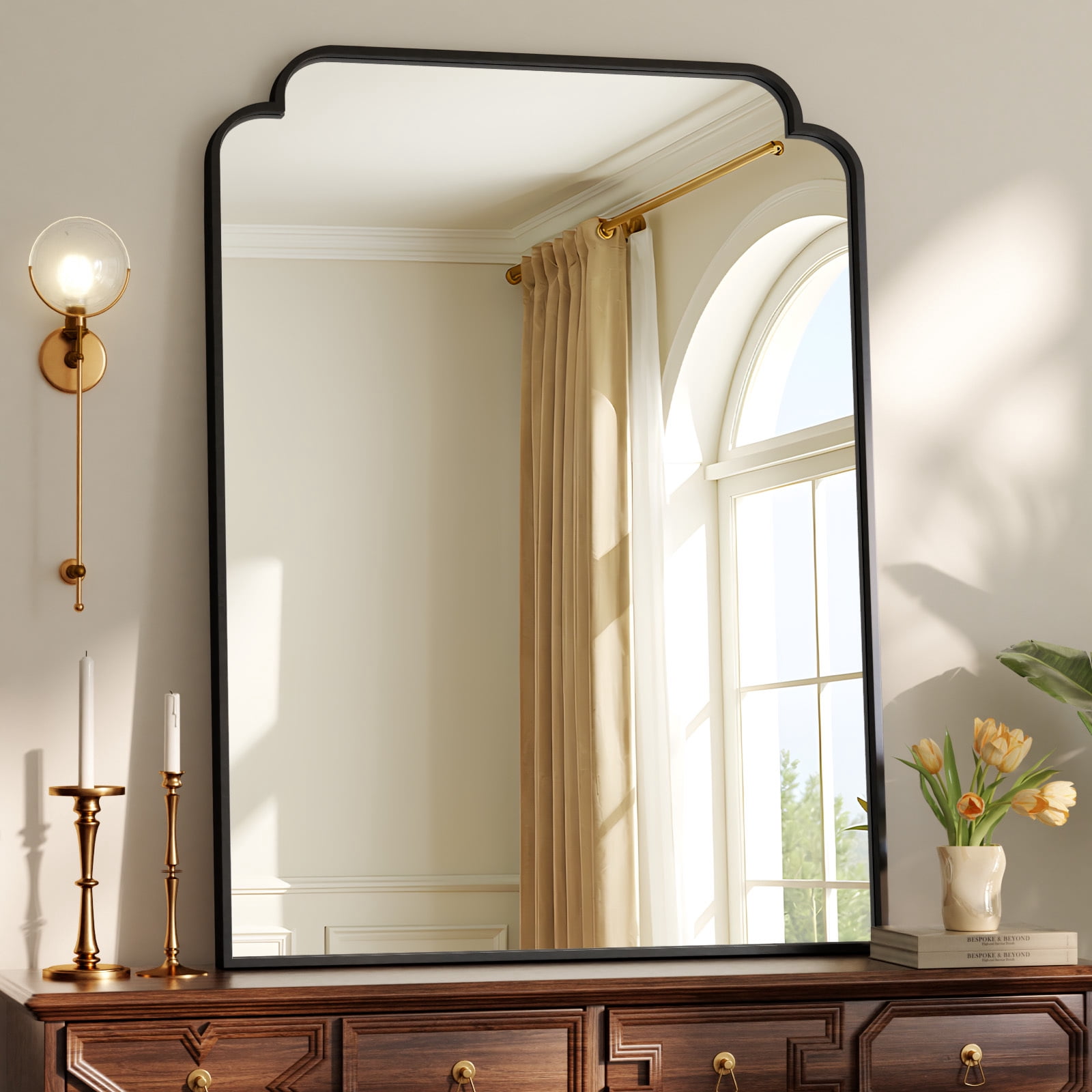Easy4Home 40"x30" Arched Bathroom Mirror Decorative Wall Mounted Vanity Mirror, Black