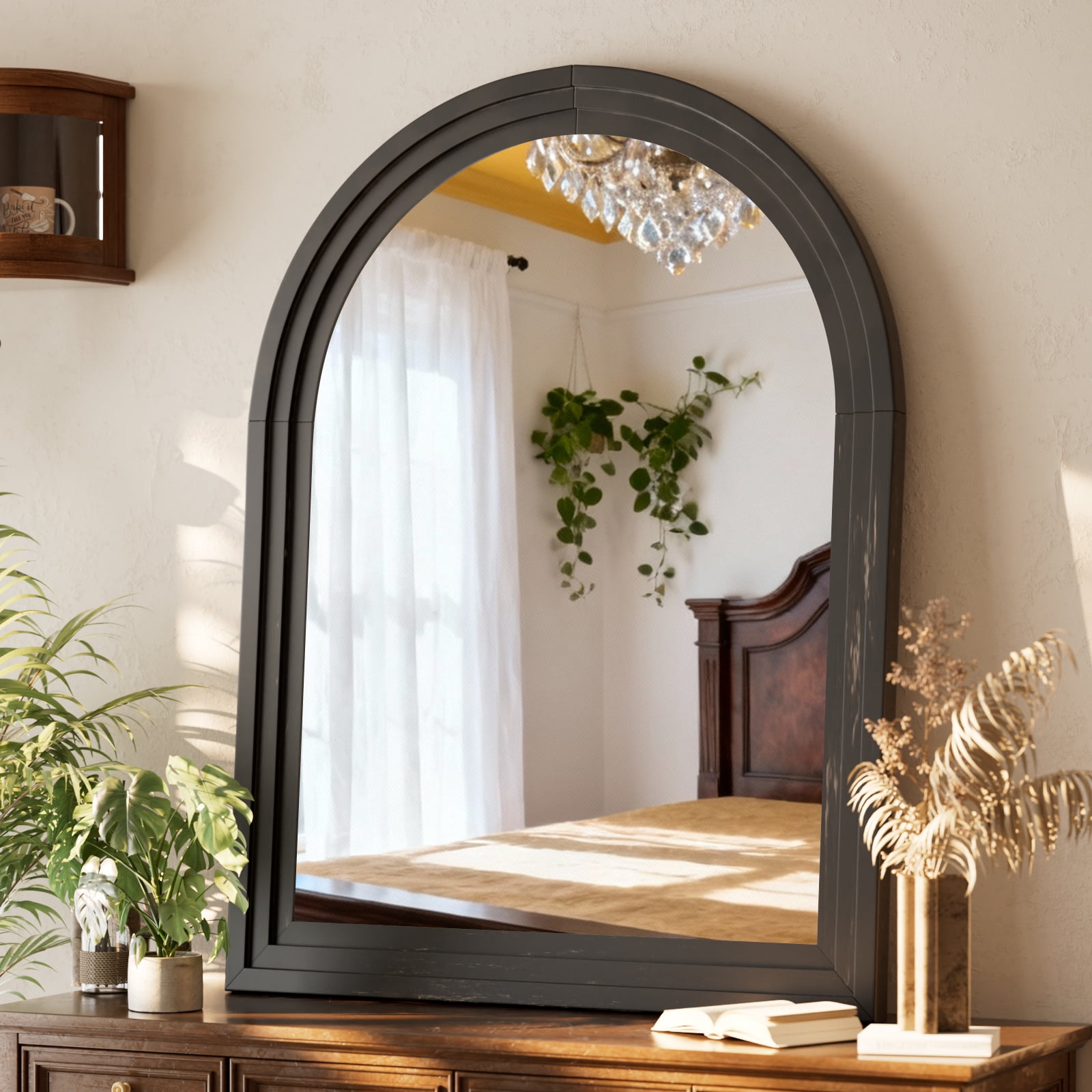 Easy4Home 40"x30" Arched Bathroom Mirror with Wooden Frame Decorative Wall Mounted Mirror, Black