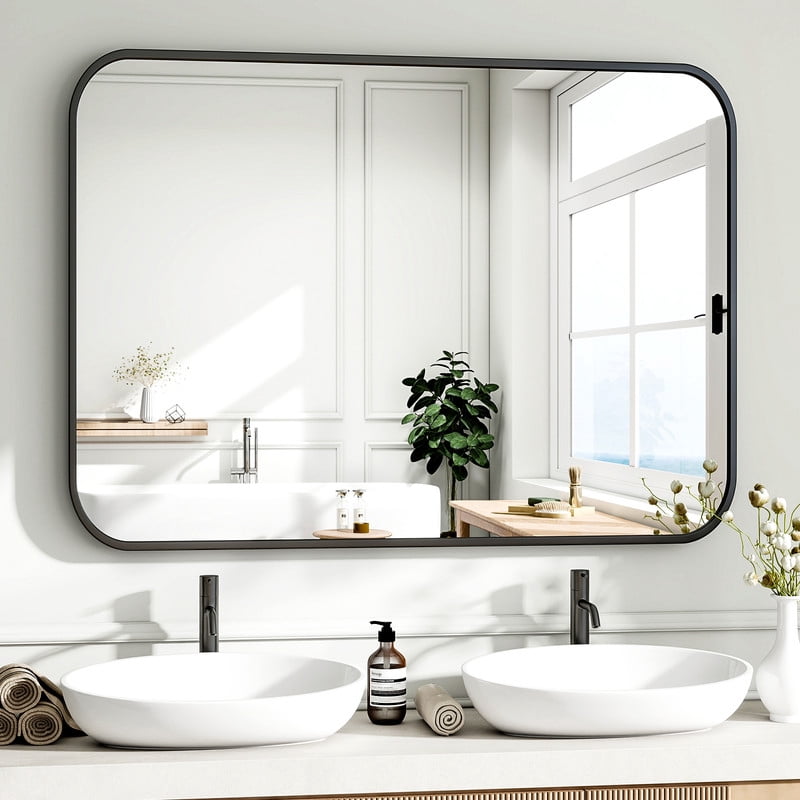 Easy4Home 40"x30" Rectangular Bathroom Mirror Hanging Rounded Corners Vanity Mirror Wall Mounted, Black
