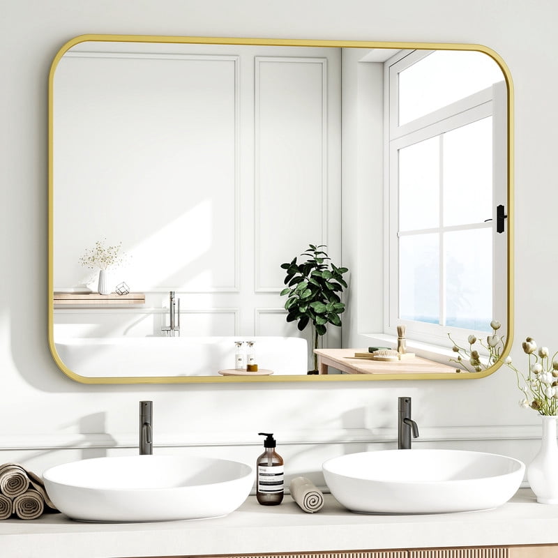 Easy4Home 40"x30" Rectangular Bathroom Mirror Hanging Rounded Corners Vanity Mirror Wall Mounted, Gold