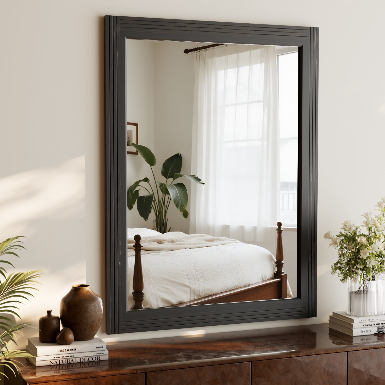 Easy4Home 40"x30" Rectangular Bathroom Mirror with Wooden Frame Decorative Wall Mounted Mirror, Black
