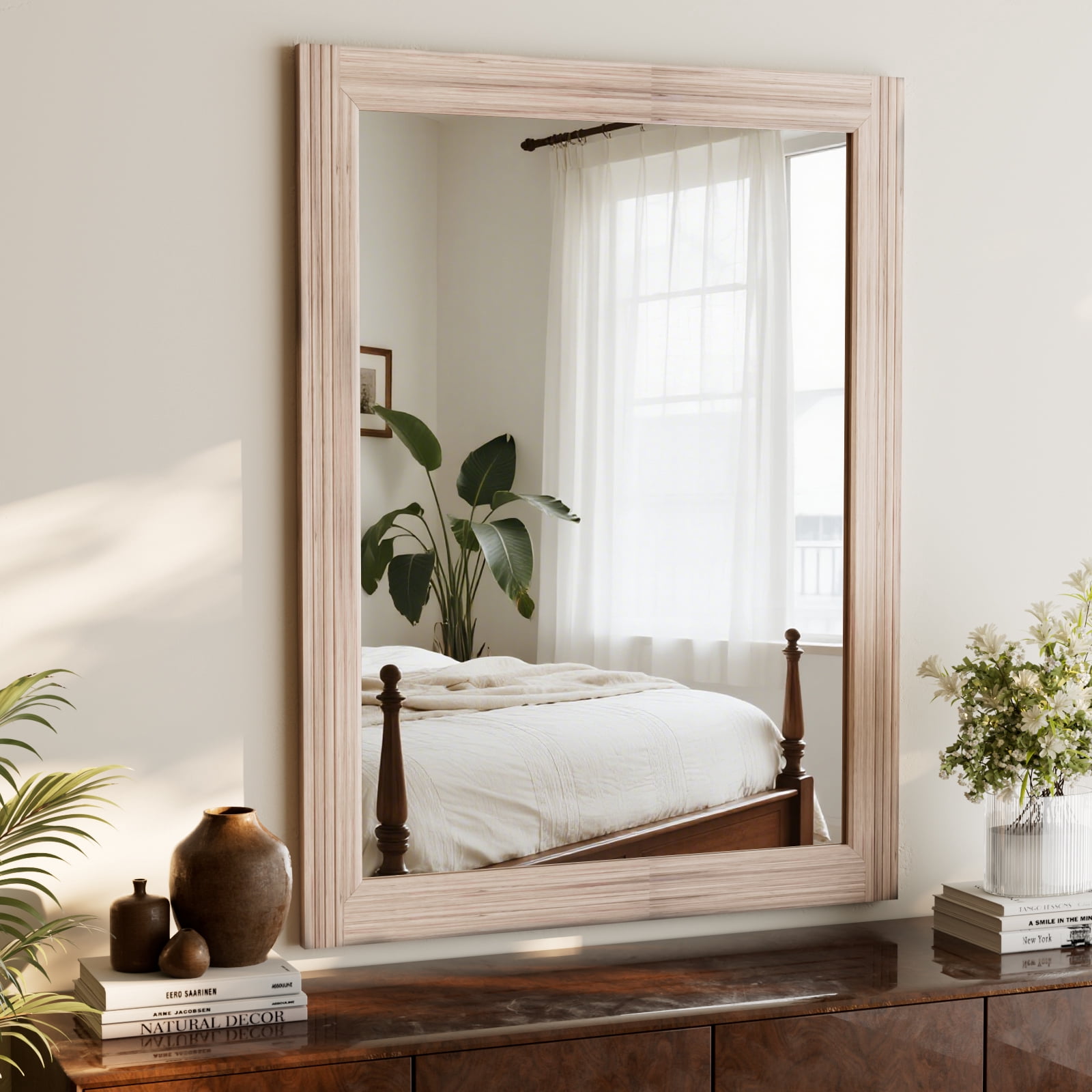Easy4Home 40"x30" Rectangular Bathroom Mirror with Wooden Frame Decorative Wall Mounted Mirror, White