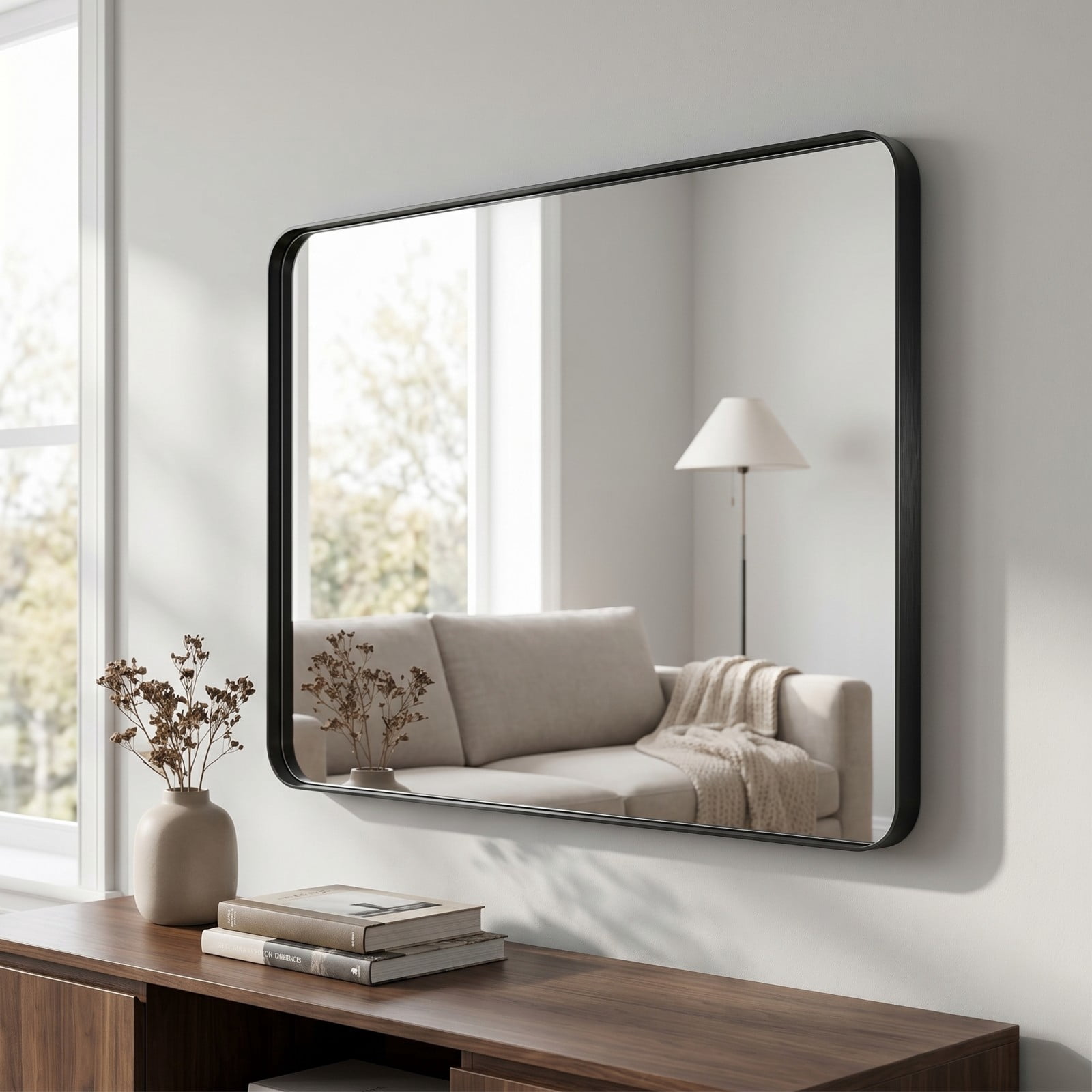 Easy4Home 40"x32" Extra Large Deep Frame Rounded Rectangle Bathroom Mirror Decor Vanity Mirror Wall Mounted,Black