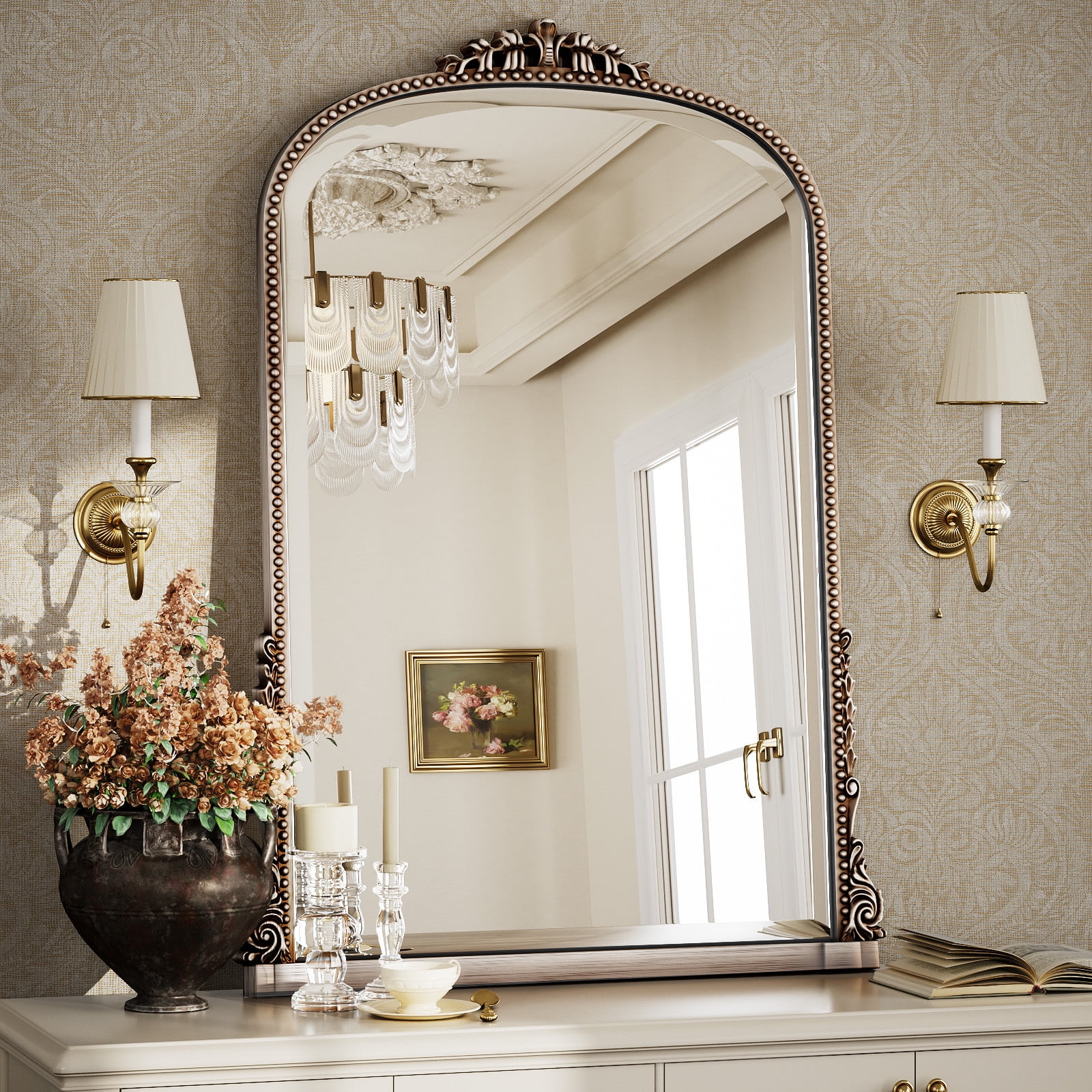 Easy4Home 41"x 28" Arched Decorative Mirror Wall-Mounted,Antique Silver