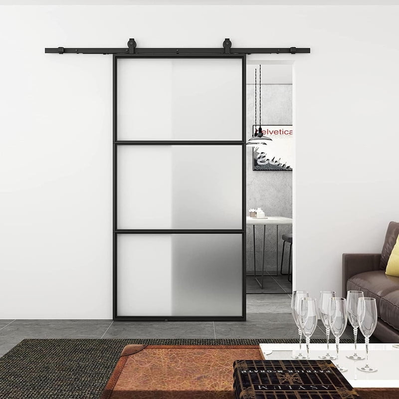Easy4Home 42"x84" Frosted Glass Sliding Barn Door with Track and Hardware Kit