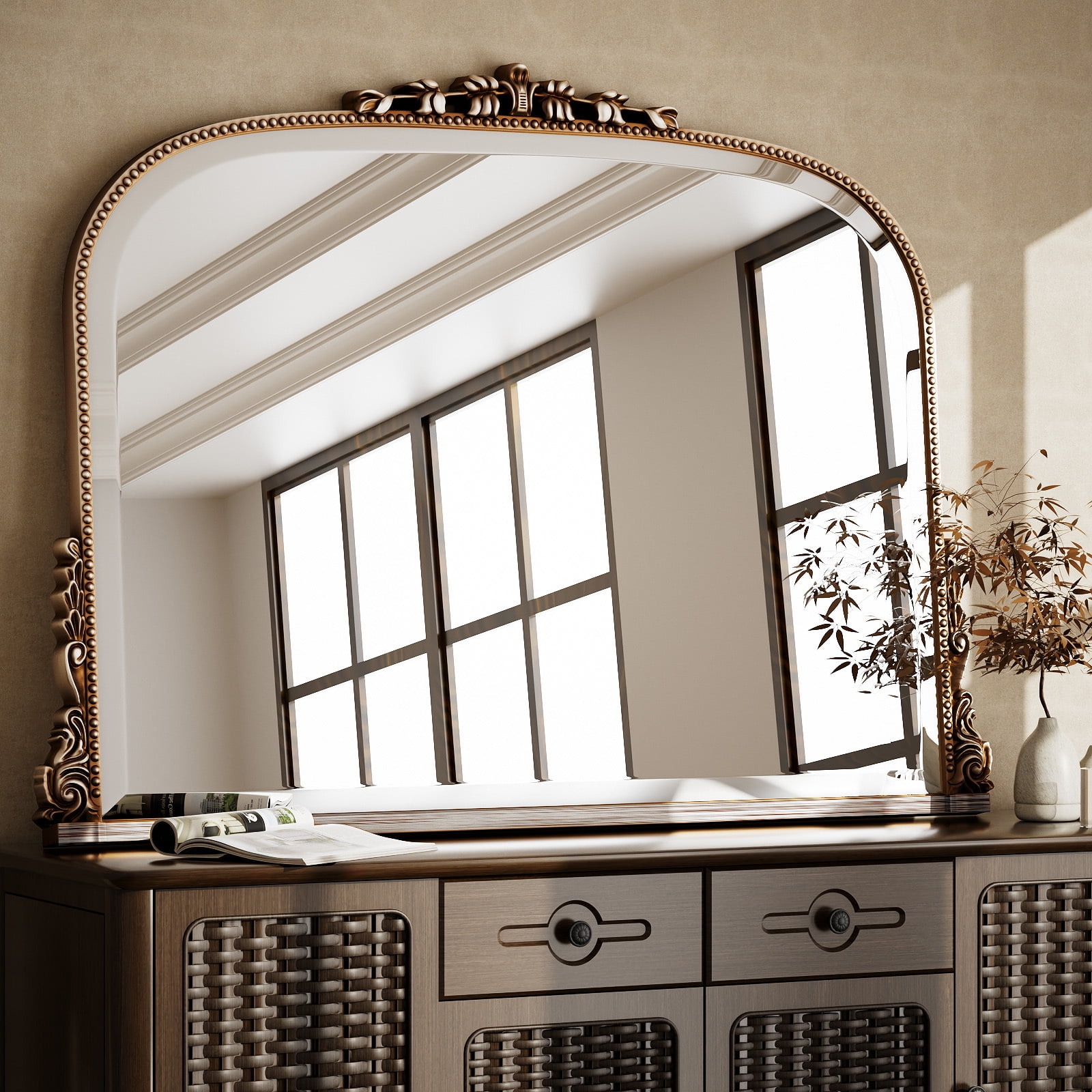 Easy4Home 44"x 32" Vintage Mirror Arched Decorative Wall Mirror, Antique Silver