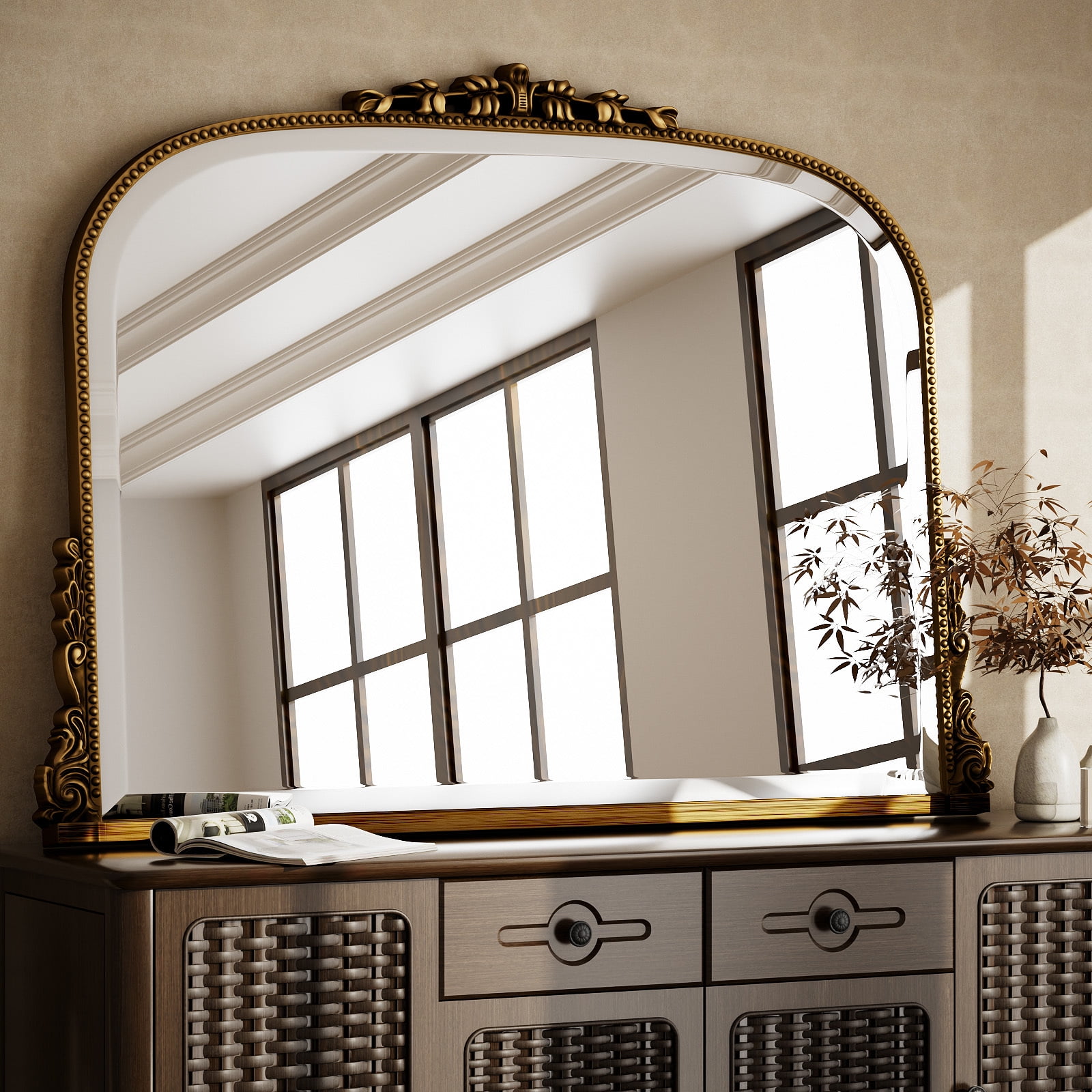 Easy4Home 44"x32" Vintage Mirror Arched Decorative Wall Mirror, Antique Gold