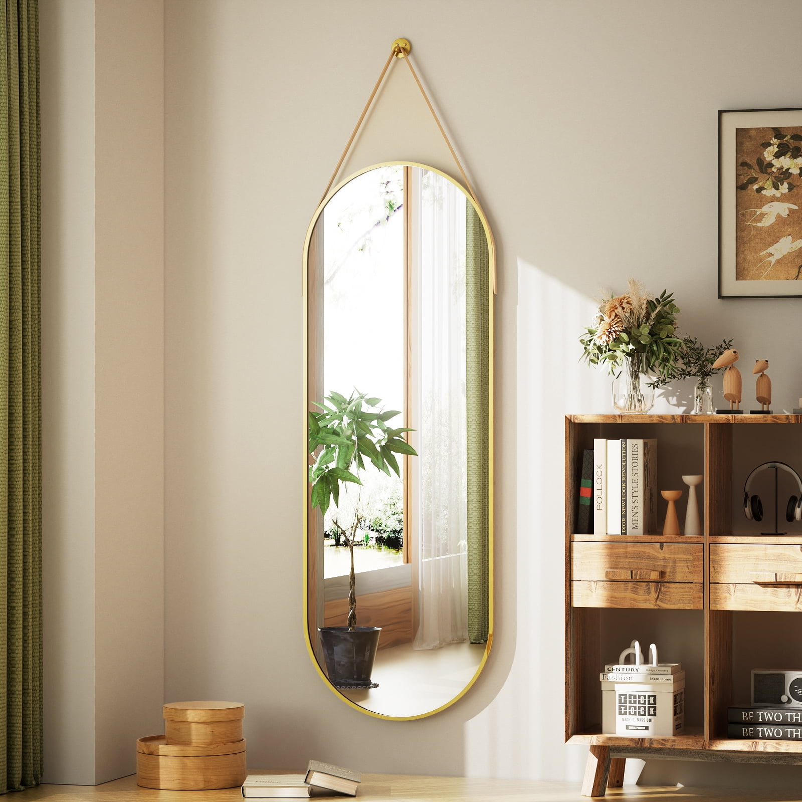 Easy4Home 48"x16" Oval Wall Mirror Full Length Mirror with Leather Hanging Strap, Gold