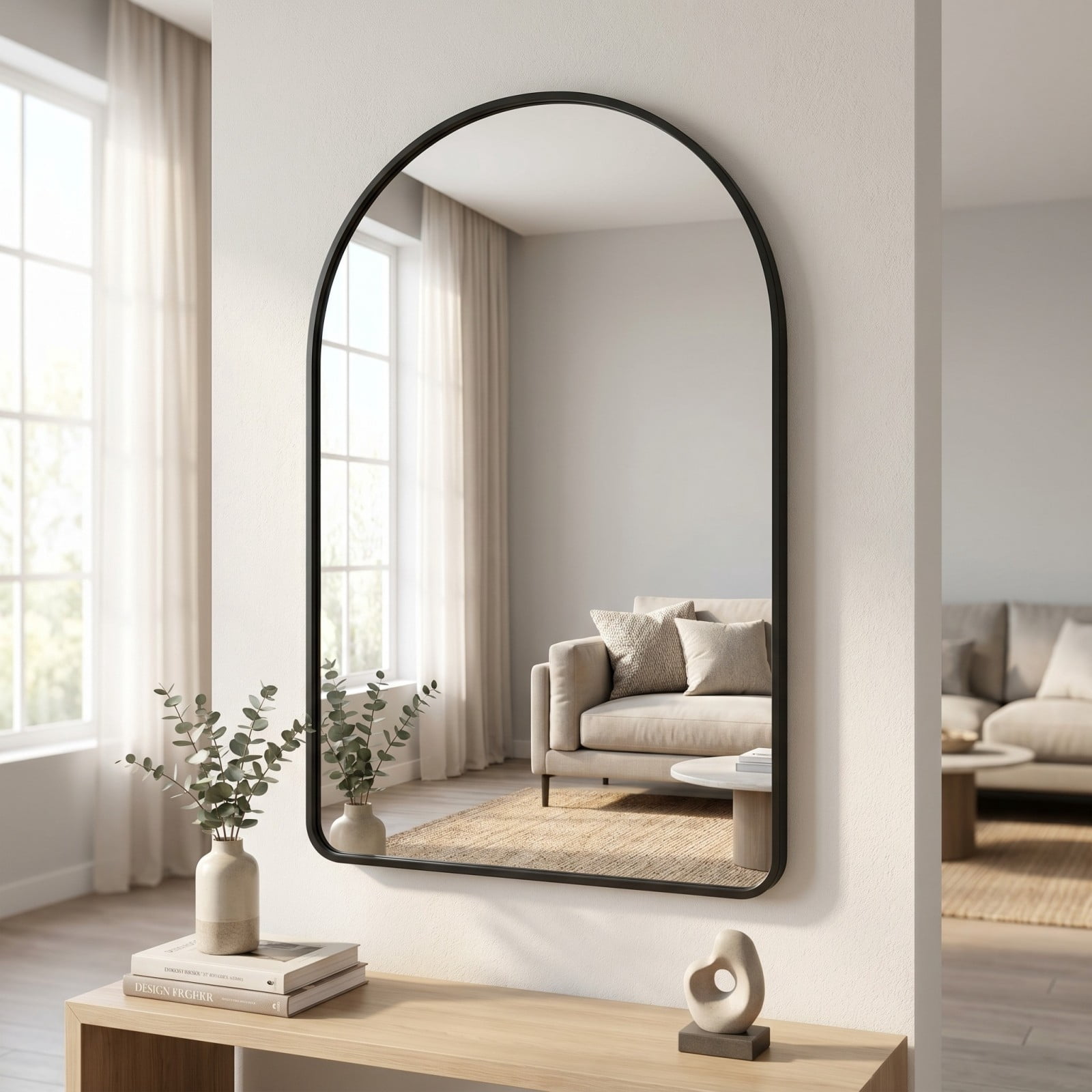 Easy4Home 30"x48"Rounded Arched Bathroom Mirror Decor Vanity Mirror Wall Mounted,Black