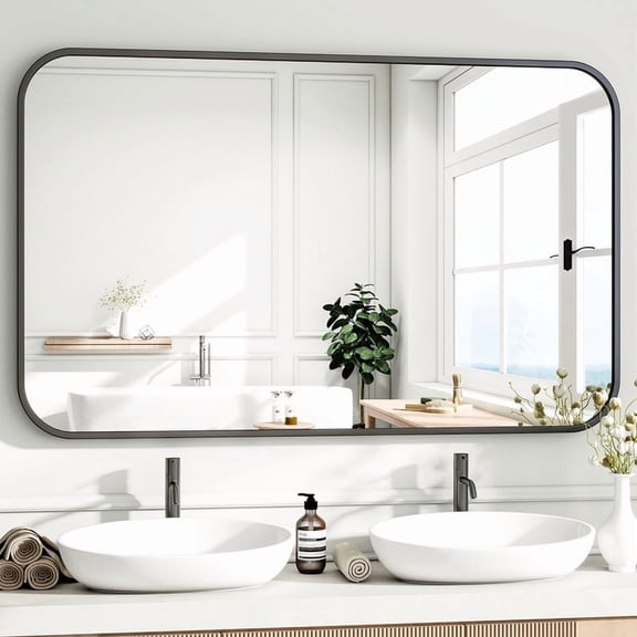 Easy4Home 48"x30" Rectangular Bathroom Mirror Hanging Rounded Corners Vanity Mirror Wall Mounted, Black