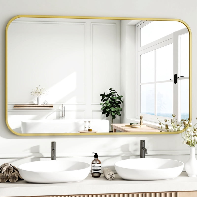 Easy4Home 48"x30" Rectangular Bathroom Mirror Hanging Rounded Corners Vanity Mirror Wall Mounted, Gold