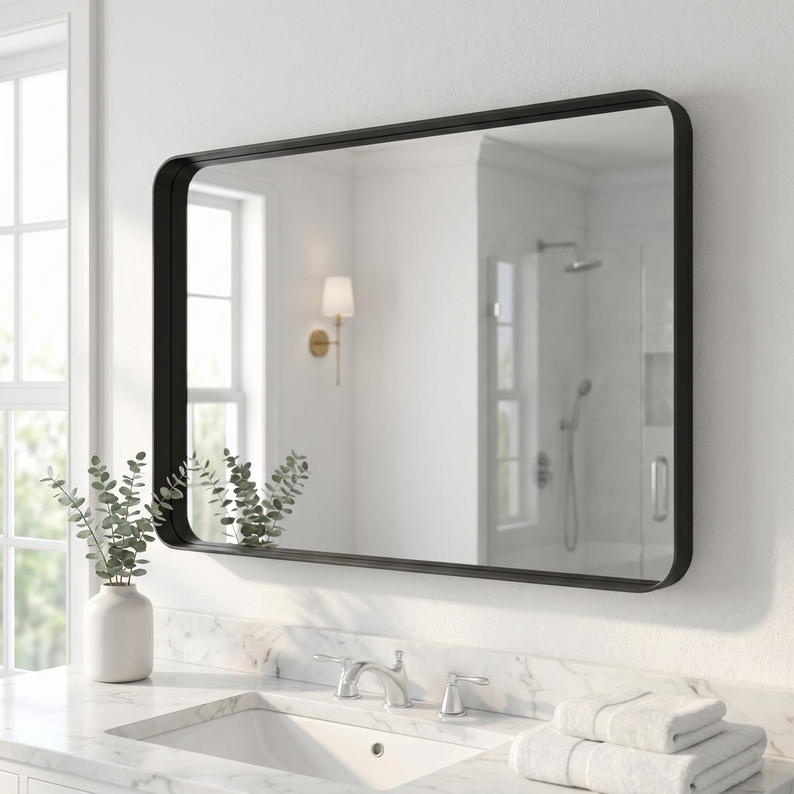 Easy4Home 48"x32" Extra Large Deep Frame Rounded Rectangle Bathroom Mirror Decor Vanity Mirror Wall Mounted,Black