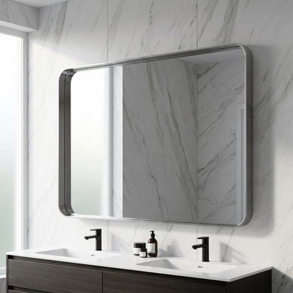 Easy4Home 48"x32" Extra Large Deep Frame Rounded Rectangle Bathroom Mirror Decor Vanity Mirror Wall Mounted,Silver