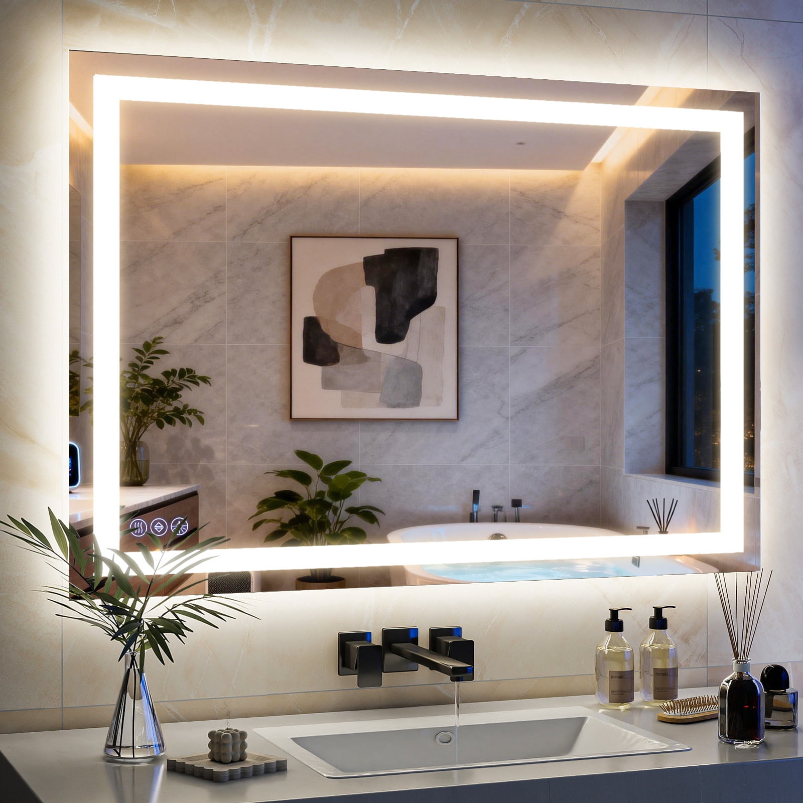 Easy4Home 48"x36" LED Bathroom Mirror Wall Mounted Anti-Fog Vanity Mirror with Adjustable Lights, White