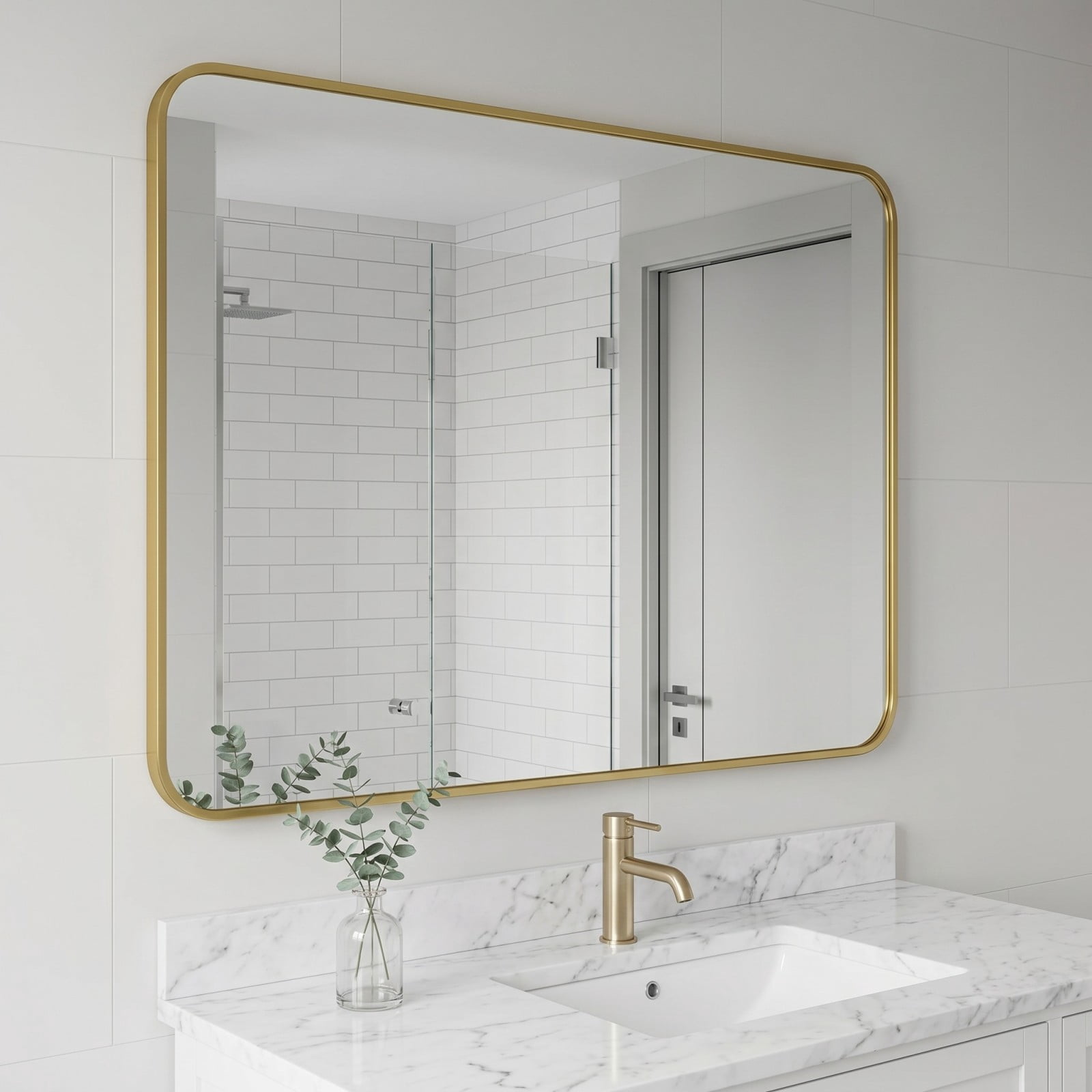 Easy4Home 48"x36" Large Rectangular Bathroom Mirror Hanging Rounded Corners Vanity Mirror Wall Mounted, Gold