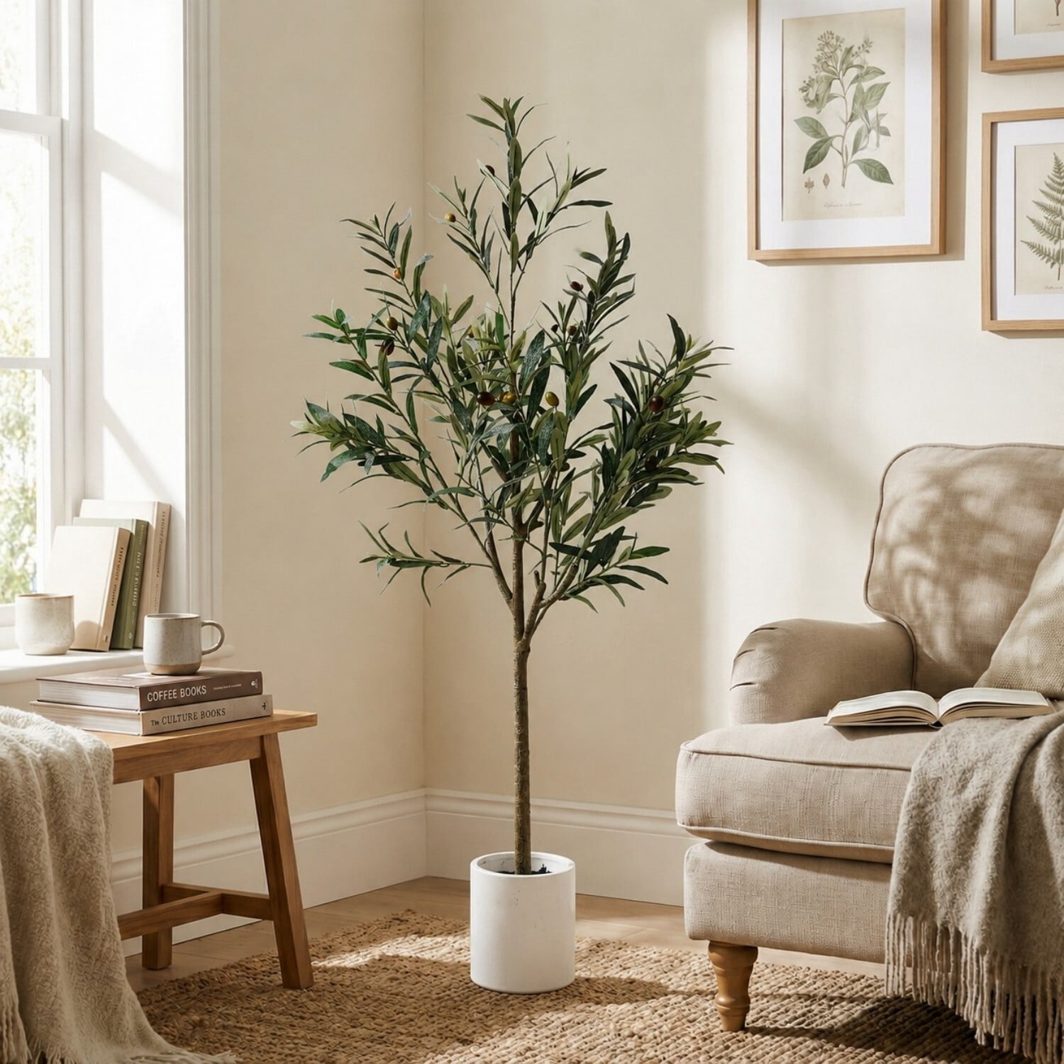 Easy4Home 4FT Artificial Olive Tree with Lifelike Fruits Fake Olive Plant Potted Indoor Faux Floor Plant for Home Office Decor, White Pot