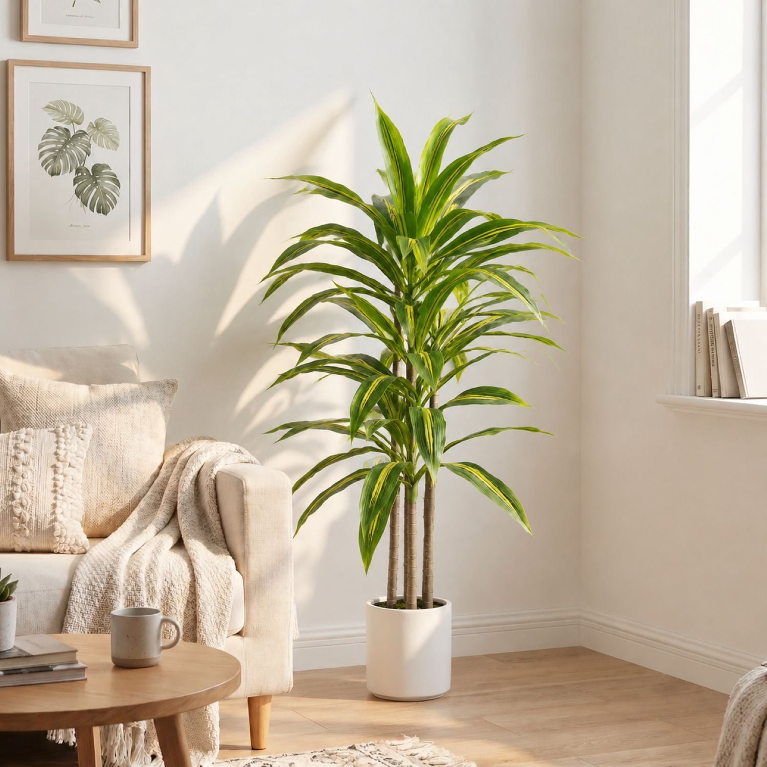 Easy4Home 4FT Artificial Plant Fake Dracaena Tree Potted Indoor Faux Floor Plant for Home Office Decor, White Pot