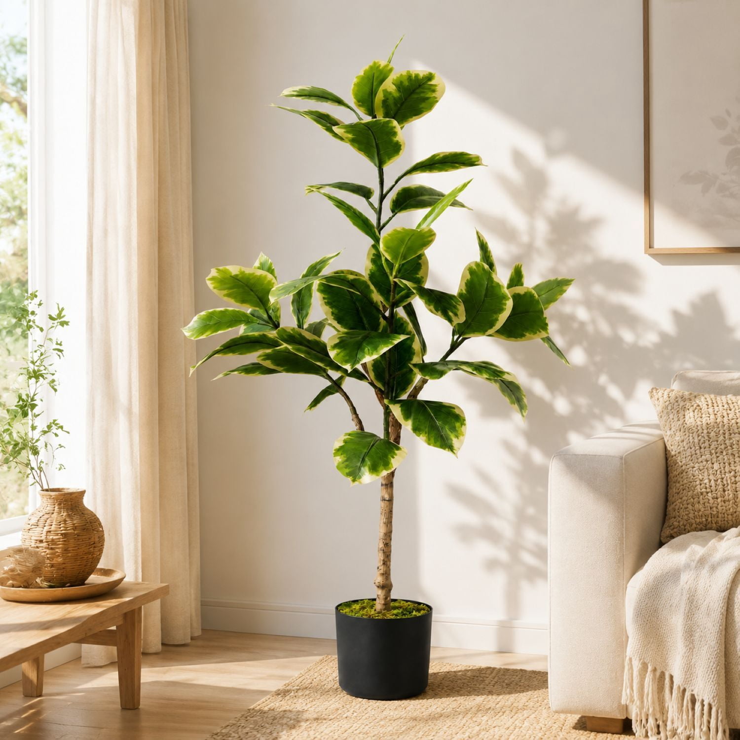 Easy4Home 4FT Artificial Variegated Rubber Plant Faux Ficus Elastica Tineke Tree Potted Indoor Floor Plant - Simple Assembly Needed