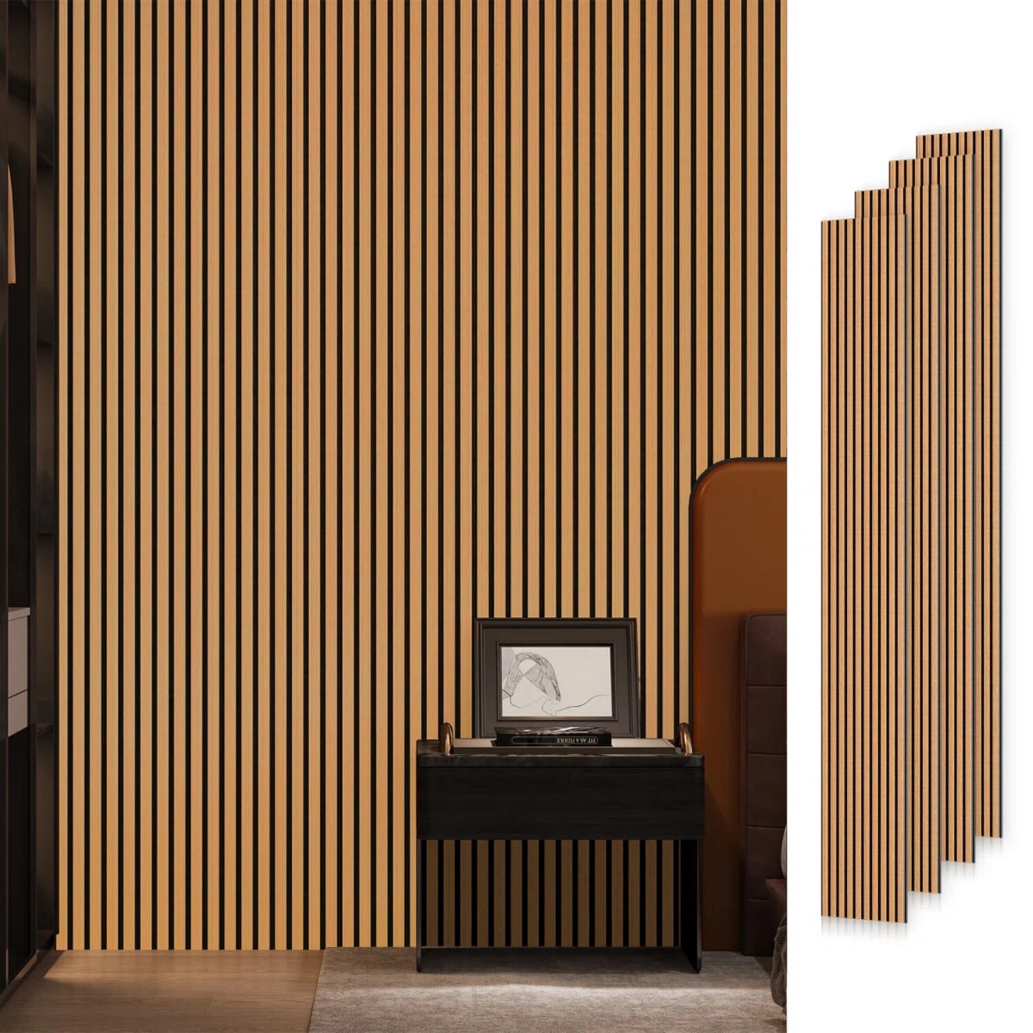 Easy4Home 4Pcs 106"x12.6" Soundproof Wood Slat Panels Acoustic Wall and Ceiling Panels, Light Brown