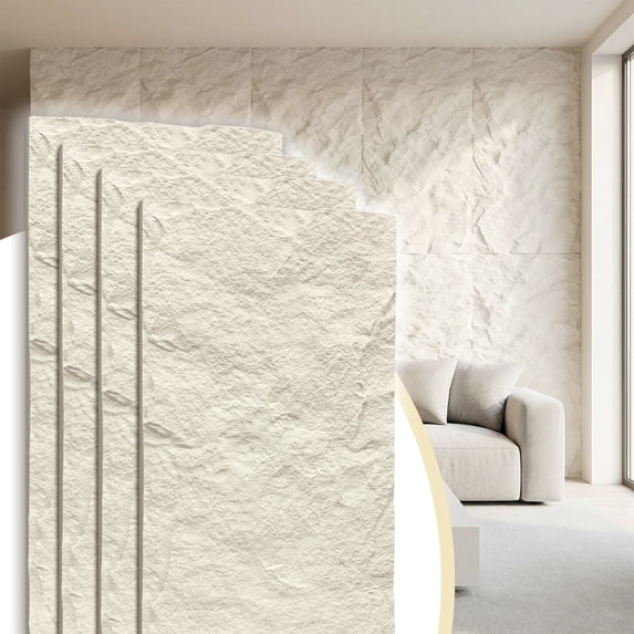 Easy4Home 4Pcs 48"x24" 3D Faux Stone Wall Panels Imitation Decorative Wall Tiles for Interior Wall Decor, Ivory White