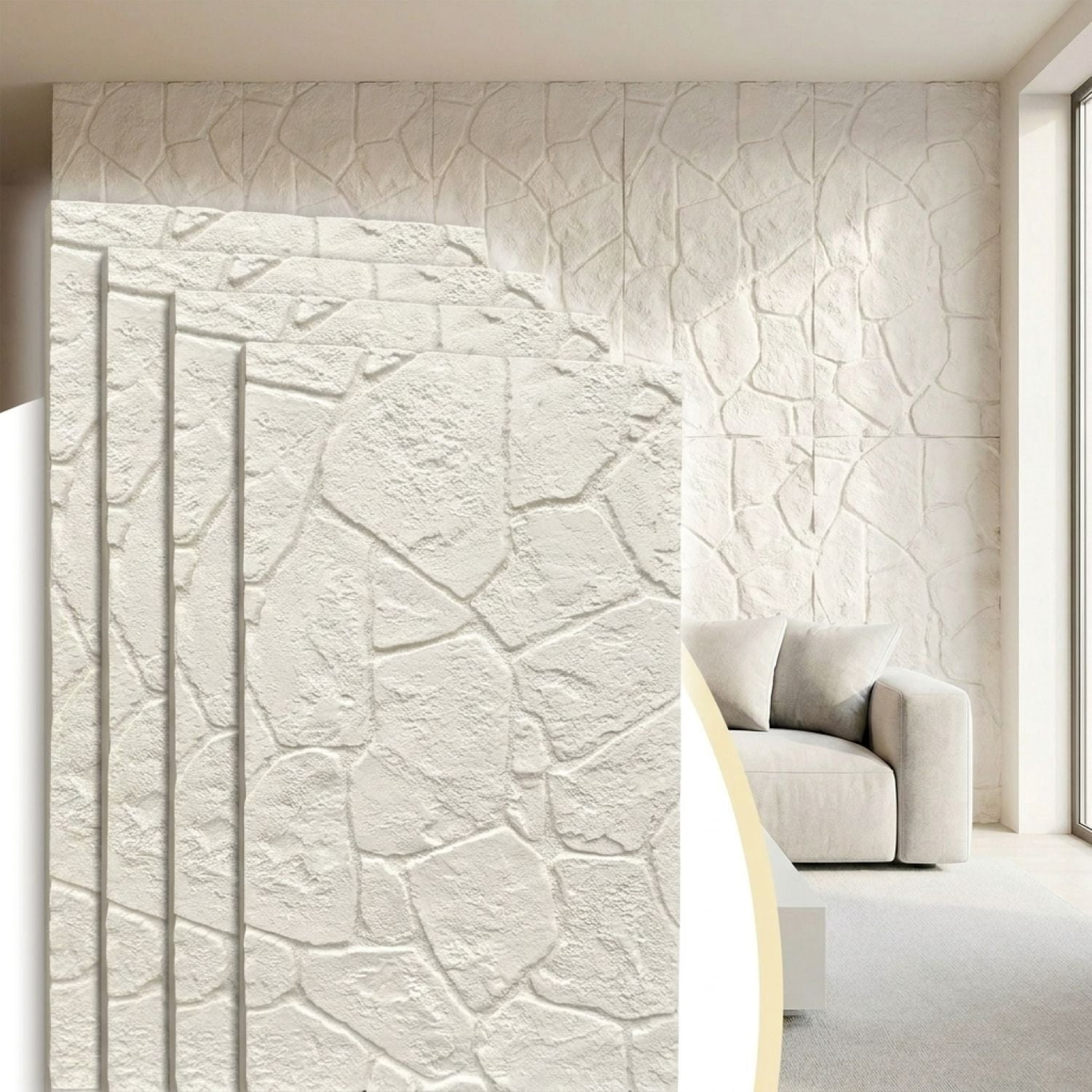 Easy4Home 4Pcs 48"x24" 3D Faux Stone Wall Panels Imitation Decorative Wall Tiles for Interior Wall Decor, Ivory White
