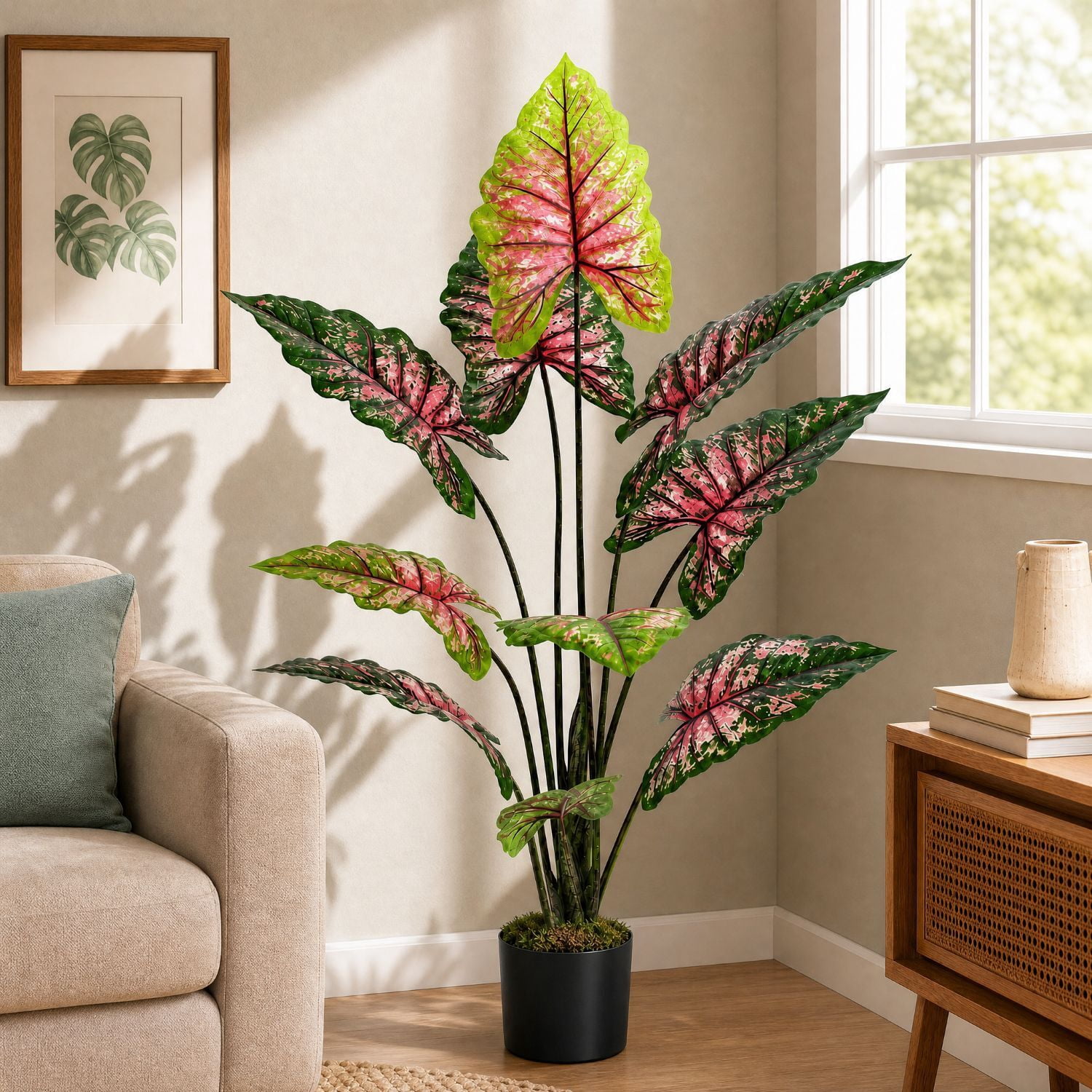 Easy4Home 5.4FT Artificial Plant Fake Caladium Plant Potted Indoor Faux Floor Plant for Home Office Decor, Multicolor