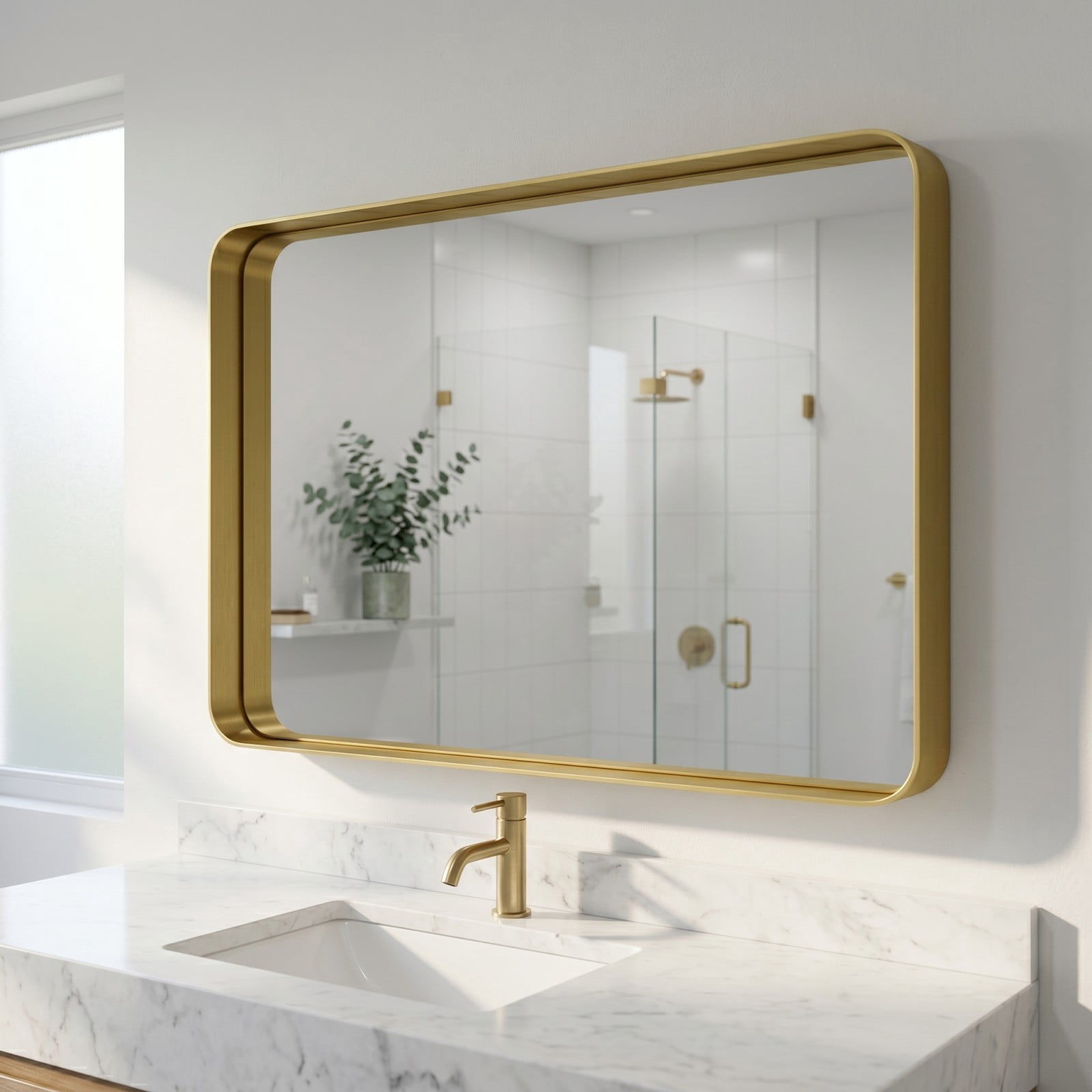 Easy4Home 50"x30" Extra Large Deep Frame Rounded Rectangle Bathroom Mirror Decor Vanity Mirror Wall Mounted,Gold