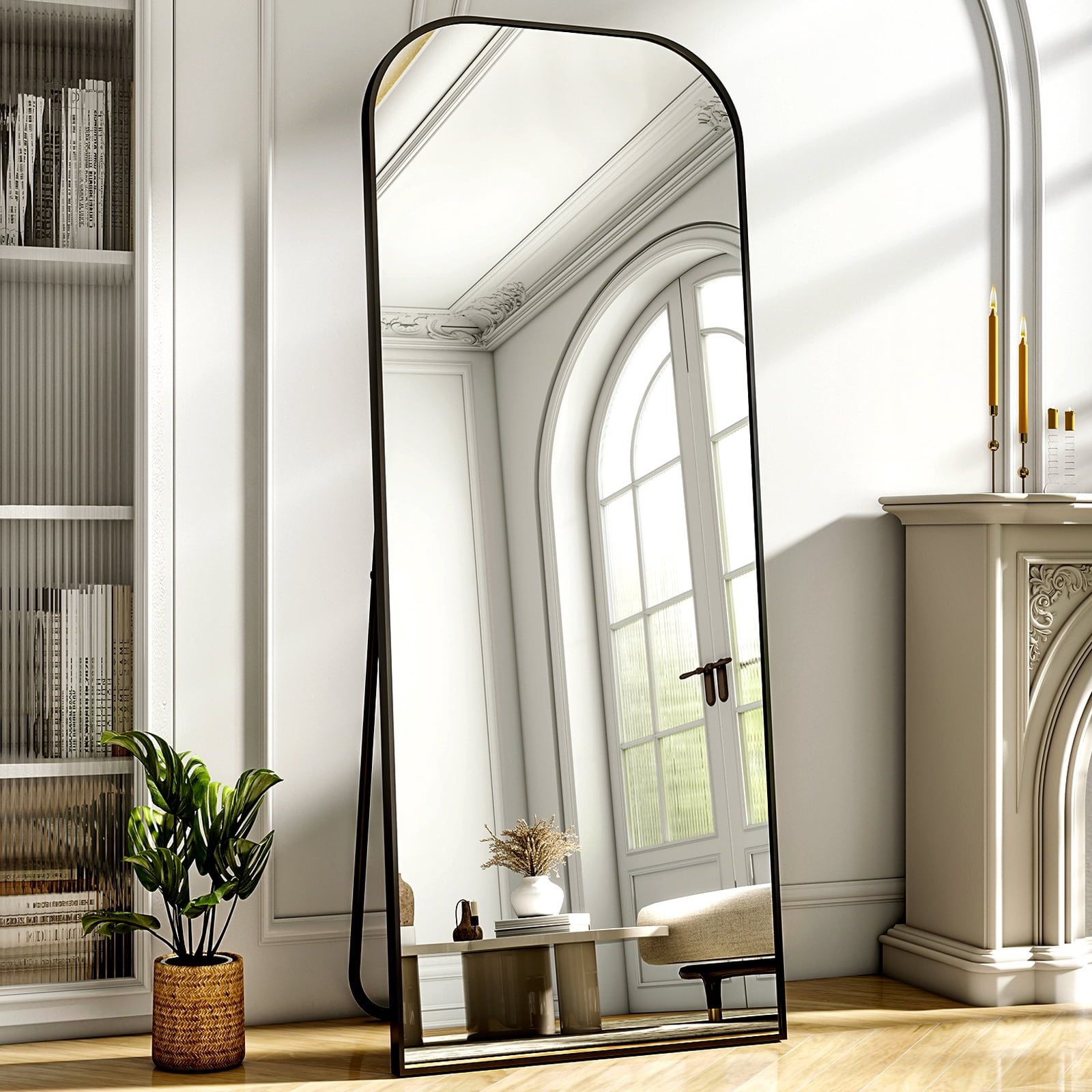 Easy4Home 56"x21" Arched Full Length Mirror Metal Frame Freestanding Mirror Wall-Mounted, Black