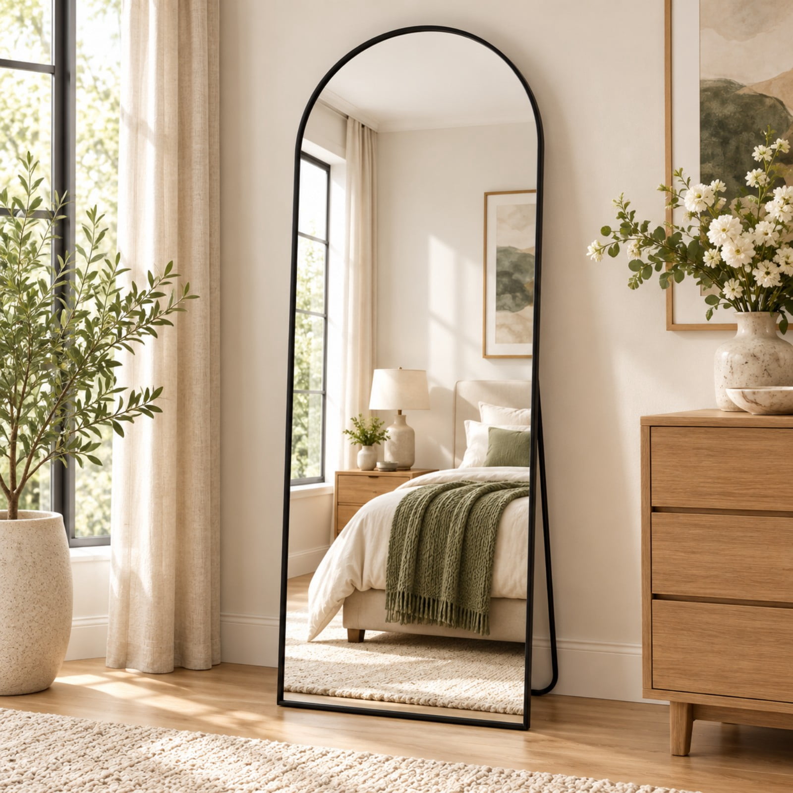Easy4Home 56"x21" Full Length Mirror Arched Freestanding Floor Mirror with Metal Frame, Black