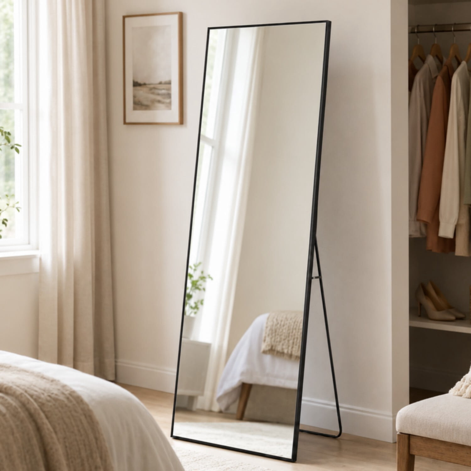 Easy4Home 57"x18" Full Length Mirror Rectangular Standing Floor Mirror Wall Mounted, Black