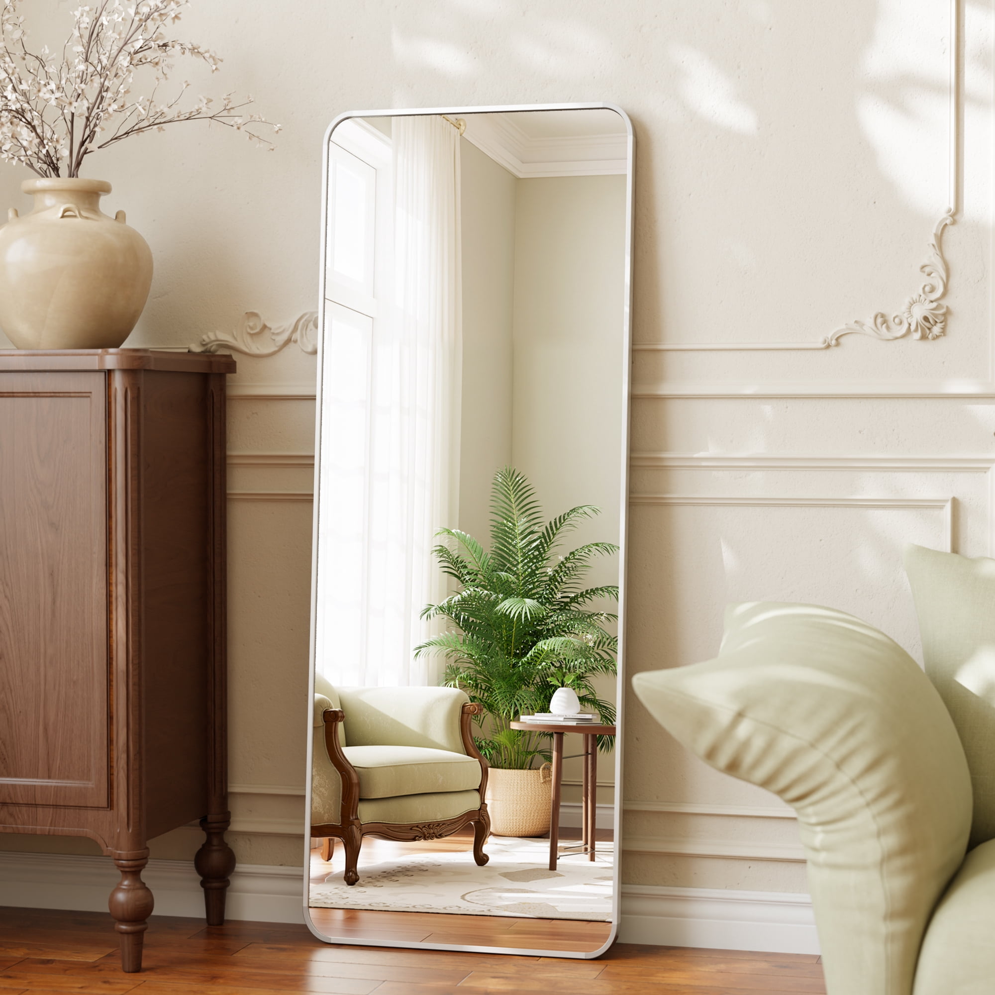 Easy4Home 56"x21" Full Length Mirror Rectangular Standing Floor Mirror with Round Corner, Silver