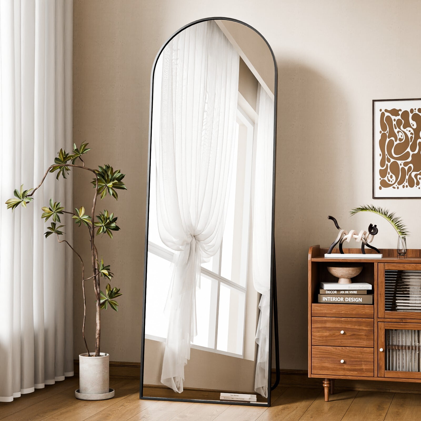 Easy4Home 58"x19" Arched Full Length Mirror with Aluminum Alloy Frame Freestanding Floor Dressing Mirror, Black