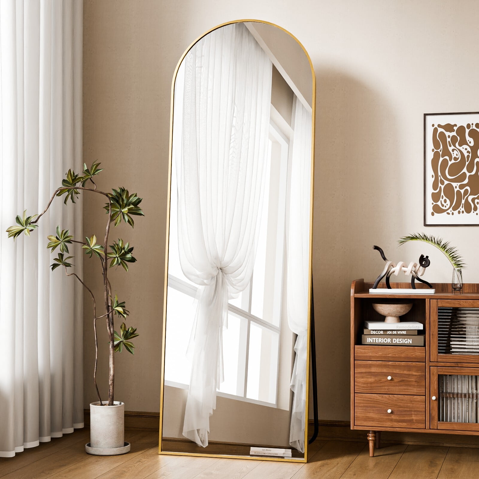 Easy4Home 58"x19" Arched Full Length Mirror with Aluminum Alloy Frame Freestanding Floor Dressing Mirror, Gold