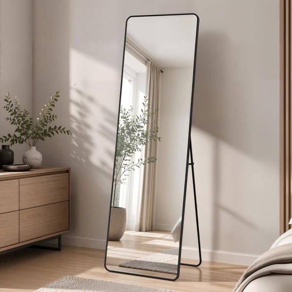 Easy4Home 59"x16" Rectangular Full Length Mirror Round Corner Freestanding Wall Mirror with Metal Frame, Black