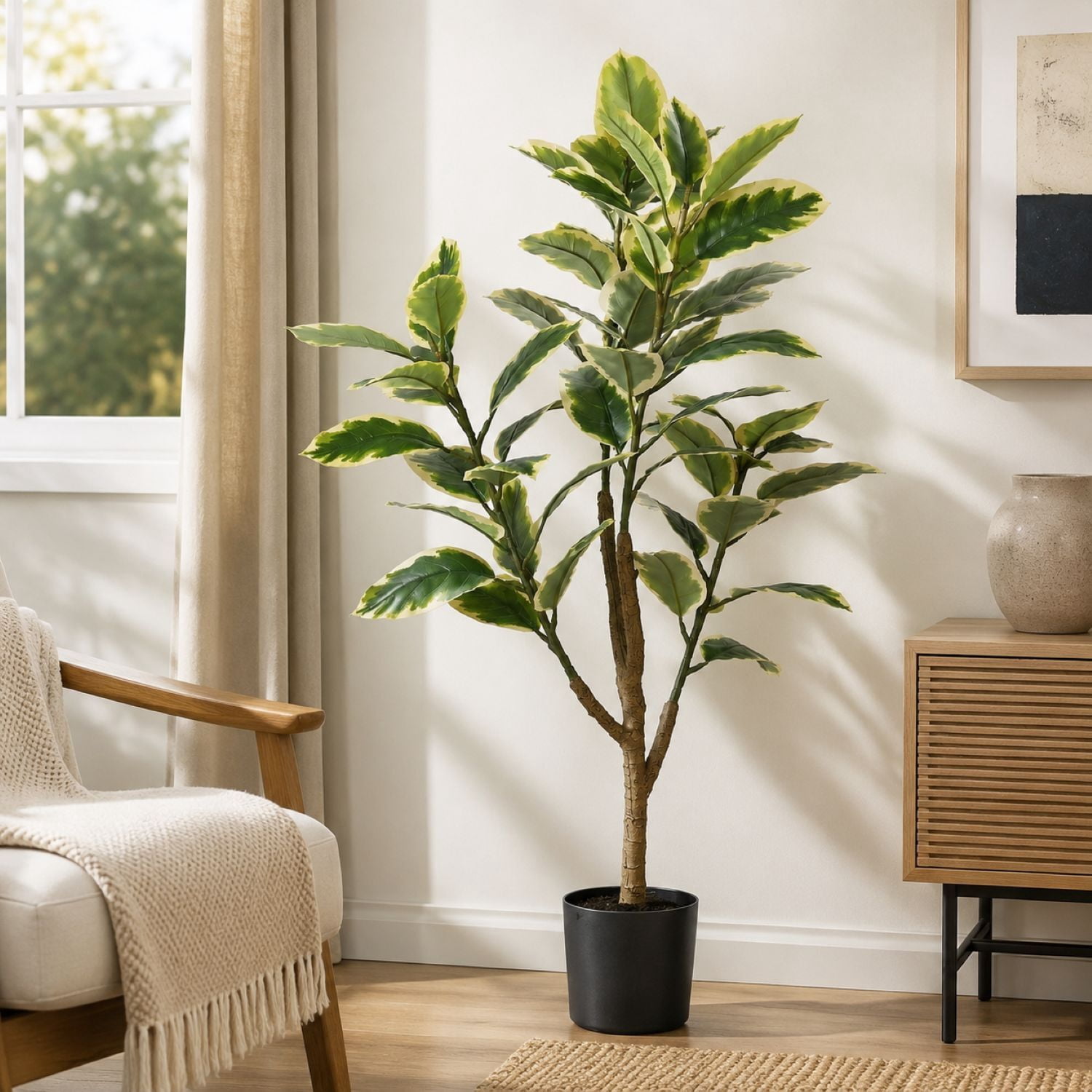 Easy4Home 5FT Artificial Variegated Rubber Plant Faux Ficus Elastica Tineke Tree Potted Indoor Floor Plant - Simple Assembly Needed